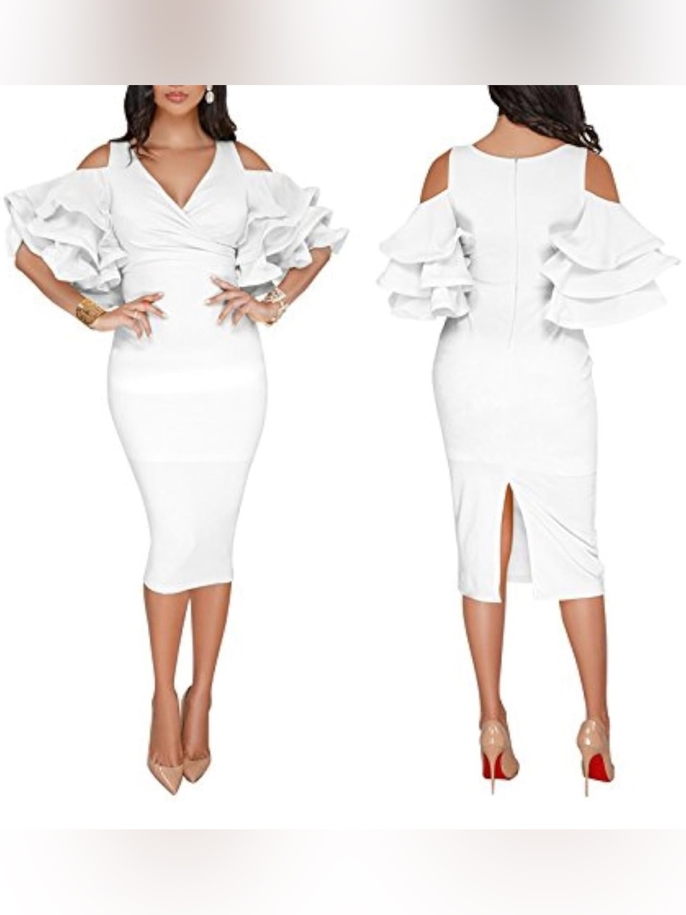 NWOT Elegant White Ruffle-Sleeve Women's Dress - Picture 10 of 11